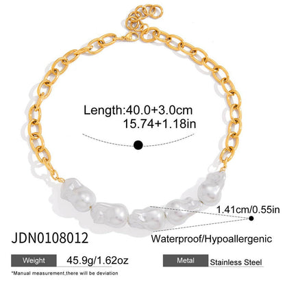 Elegant 18K Gold Stainless Steel Baroque Pearl Necklace