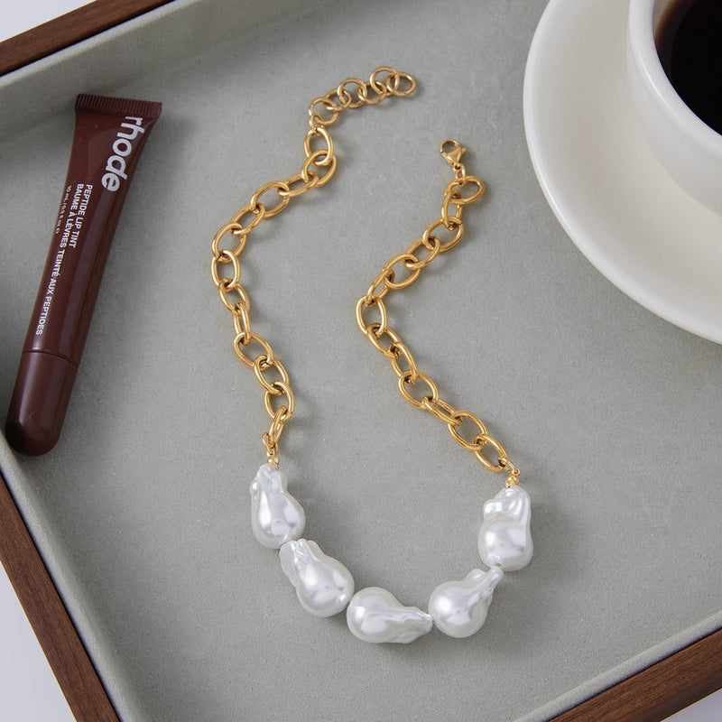 Elegant 18K Gold Stainless Steel Baroque Pearl Necklace