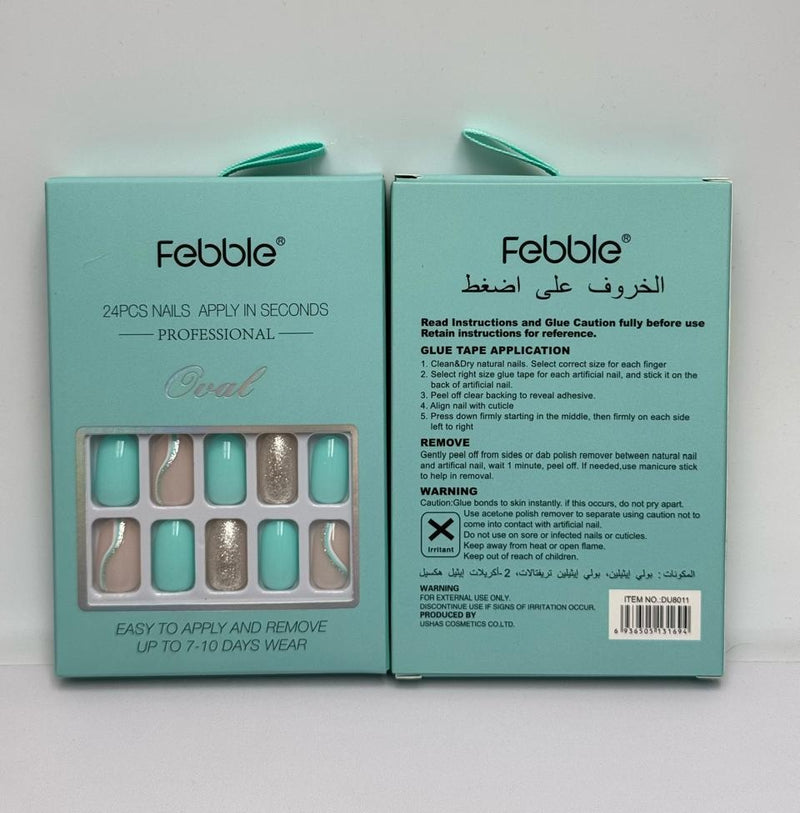 Febble - Oval Mint &amp; Silver Glitter Press-On Nails