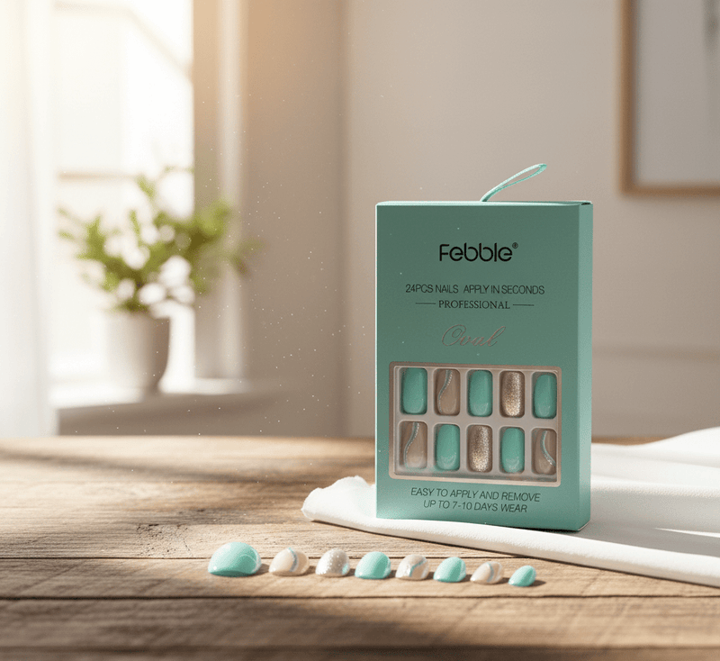Febble - Oval Mint &amp; Silver Glitter Press-On Nails